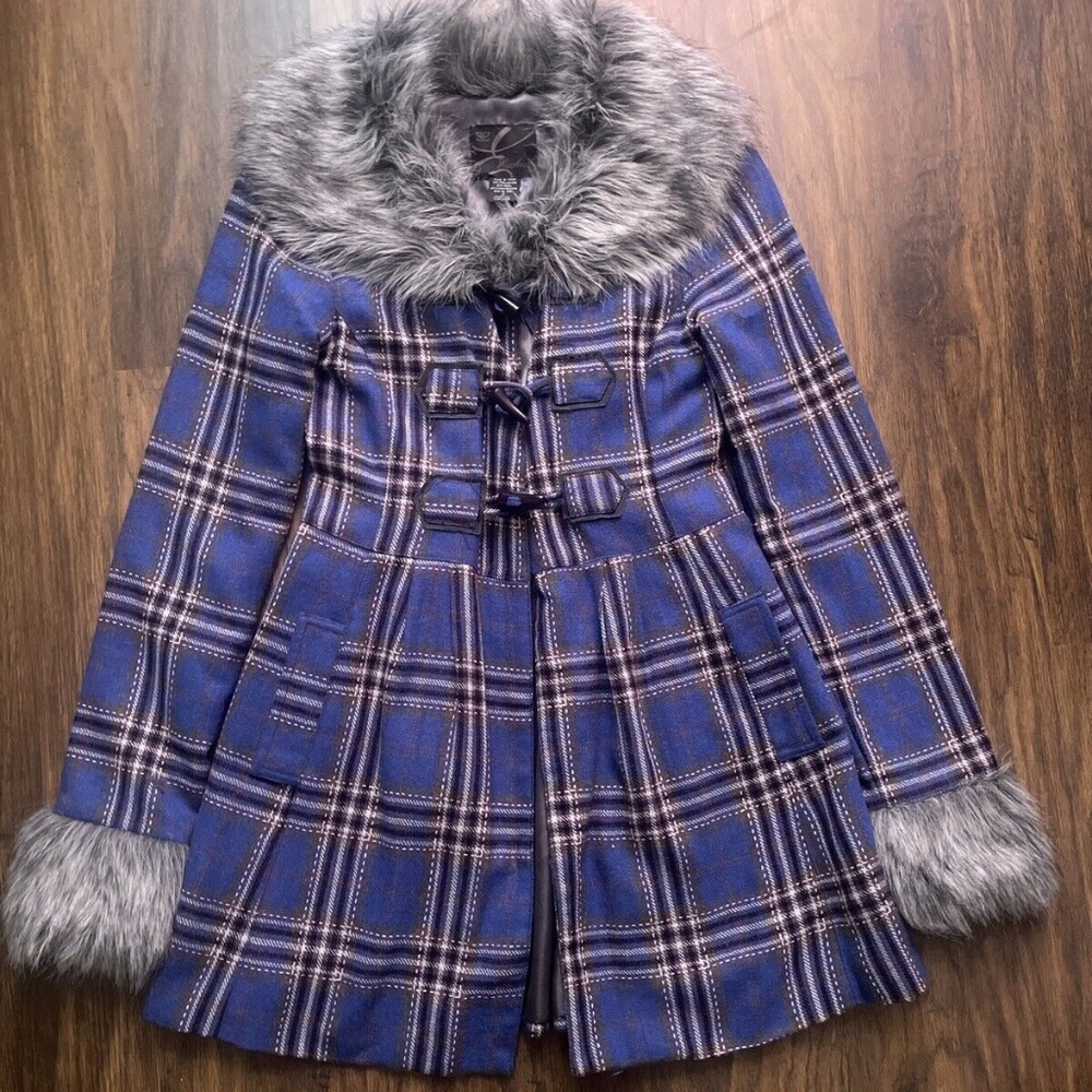 Ezekiel Blue Women’s Plaid Coat With Faux Fur Coat Size S